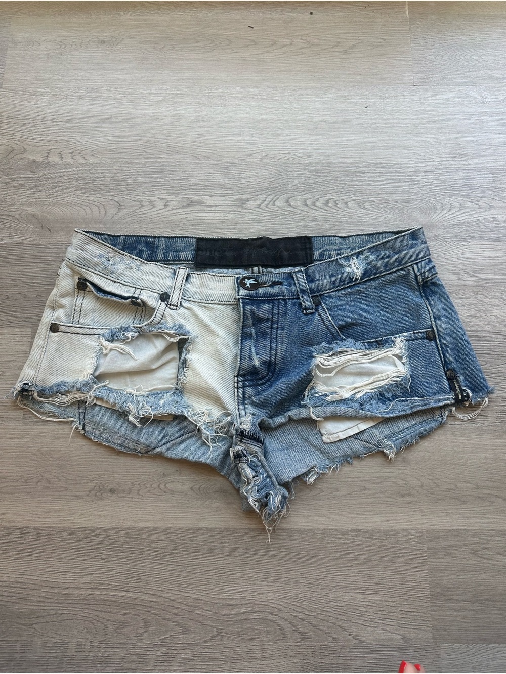 One Teaspoon Two-Tone Distressed Denim Shorts in Light and Dark Blue